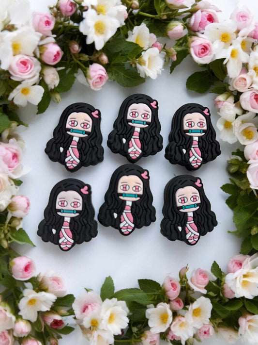 Nezuko Kamado: Anime Girl in Pink Dress Silicone Focal Bead - 1229