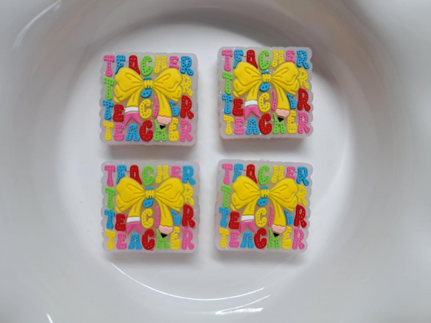 Colorful Teacher With Yellow Coquette Pencil Bow Silicone Focal Bead