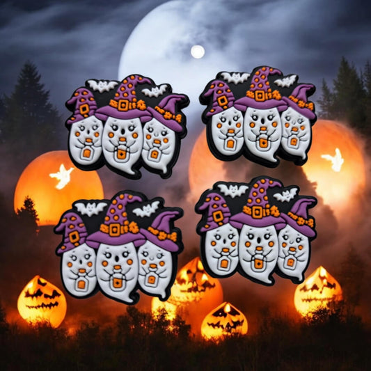 Three White Ghosts with Purple Hats Holding Potions Silicone Focal Bead