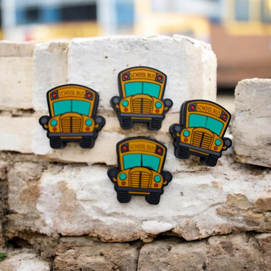 Dark Yellow School Bus Front (Blue Windows): Style 2 Silicone Focal Bead - 1337