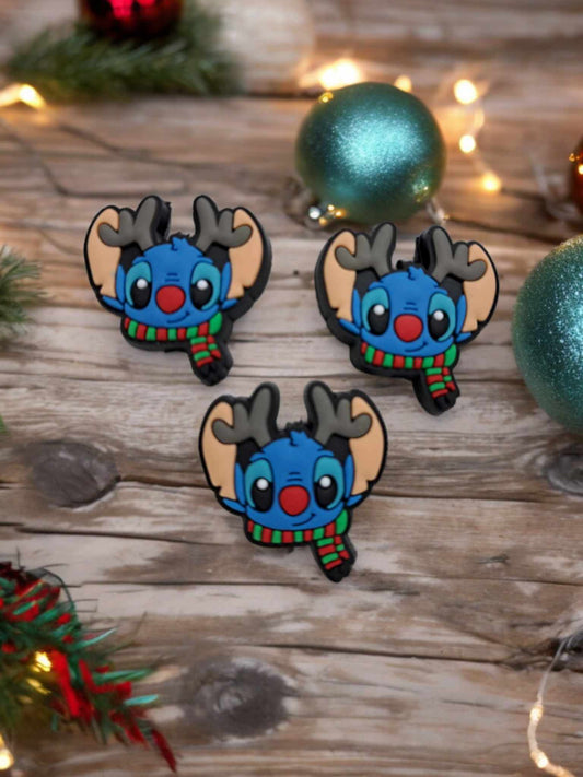 Stitch Face with Scarf & Reindeer Ears with Red Nose - Christmas Silicone Focal Bead - 1221