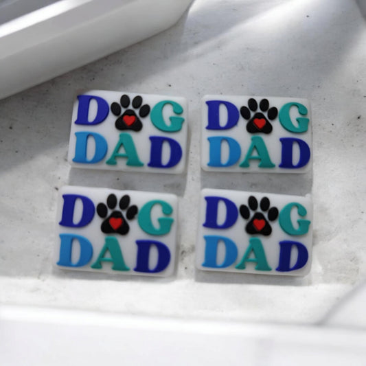 Dog Dad: White Rectangle With Paw Print Silicone Focal Bead