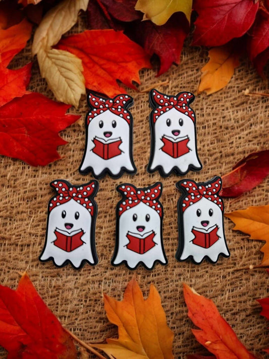 White Ghost holding Red Book with Red Polka Dot Hair Bandana Full Body Silicone Focal Bead - 1252