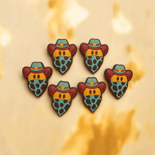 Smiley Face with Cowboy Hat and Blue Scarf: Retro Style Silicone Focal Bead - 1360