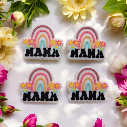 Mama with Retro Rainbow and Flowers on White Silicone Focal Bead