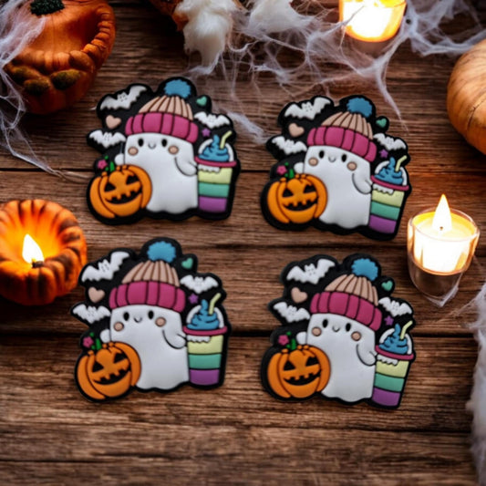 Ghosts wearing Colorful Beaning Hat with Drink, Pumpkin & Bats Silicone Focal Bead
