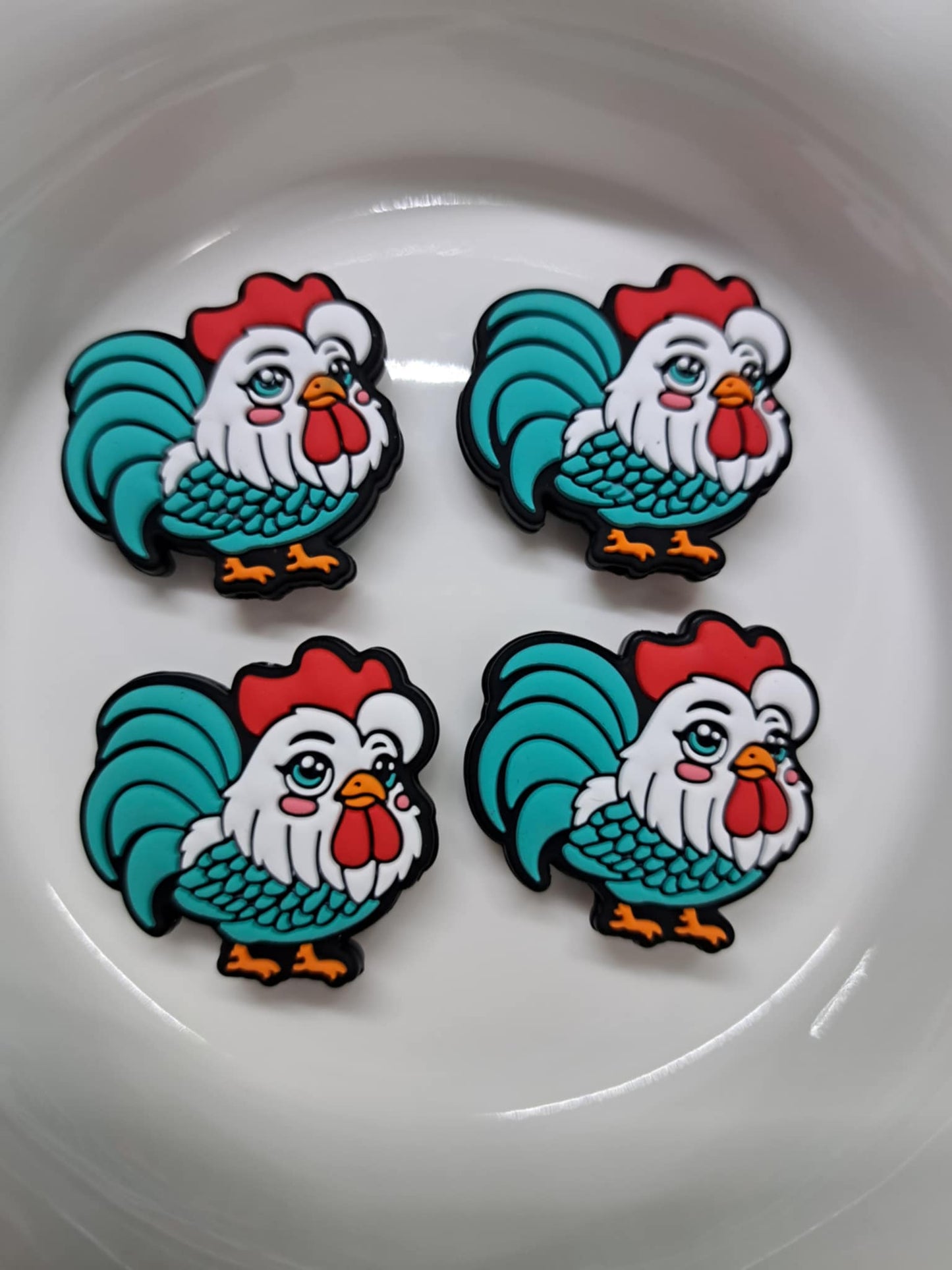 White Rooster With Blue Feathers Silicone Focal Bead