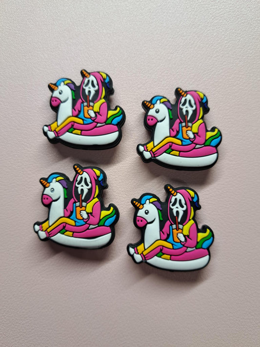 Ghostface in Pink Outfit/Hood: Horror Killer on White Unicorn Floatie with Drink Silicone Focal Bead