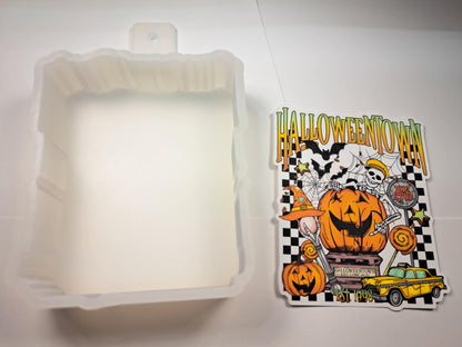 HalloweenTown Retro Collage: Bus Stop, Taxi, Bats, Pumpkins Cardstock Silicone Mold, Aroma Bead Molds, Premium Cardstock Images