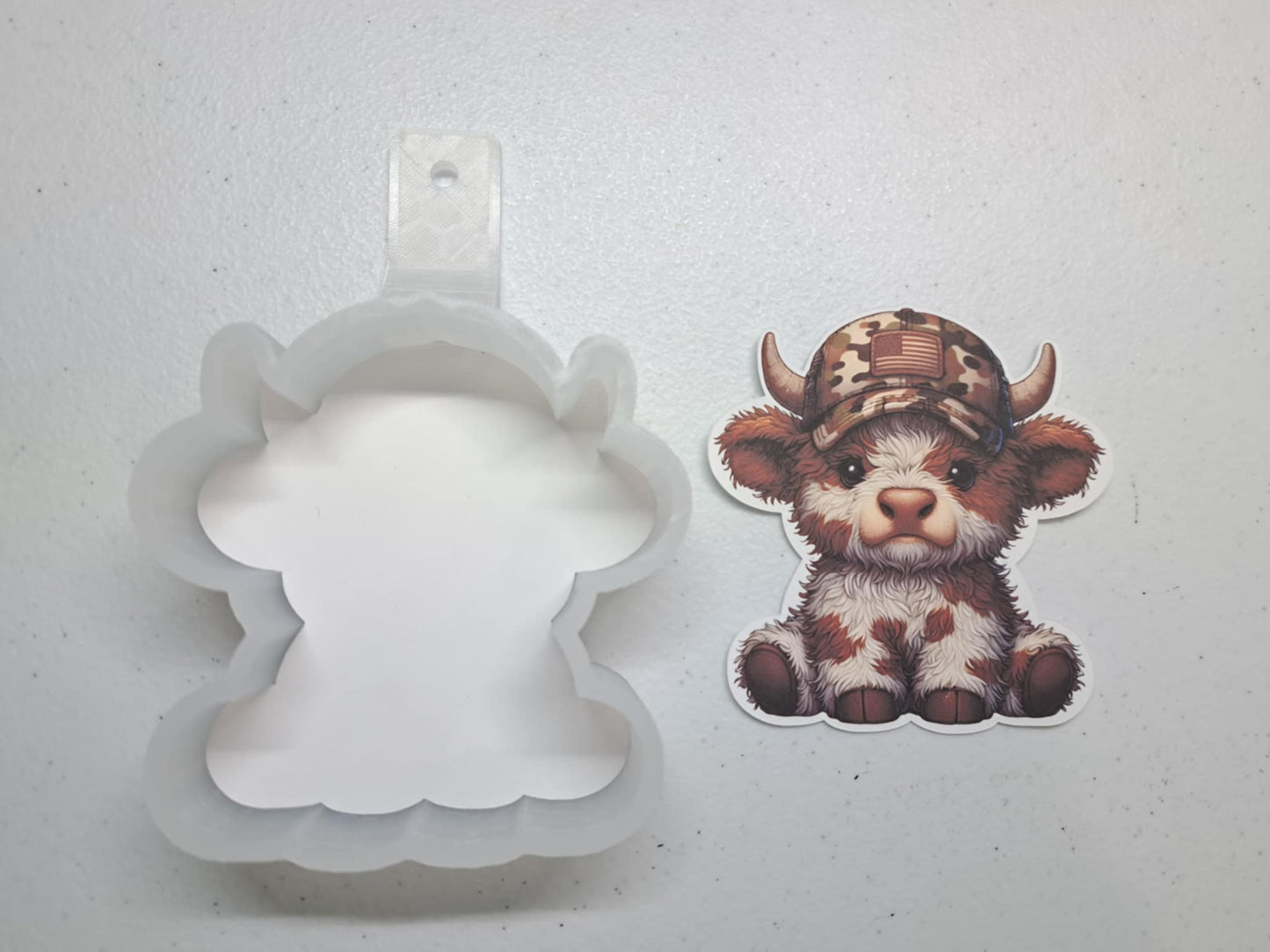 Fluffy Cow with Camo Hat American Flag Cardstock Silicone Mold, Aroma Bead Molds, Premium Cardstock Images