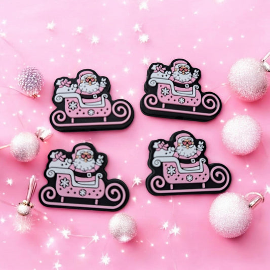 Santa in Pink Suit and Sleigh with Presents Silicone Focal Bead