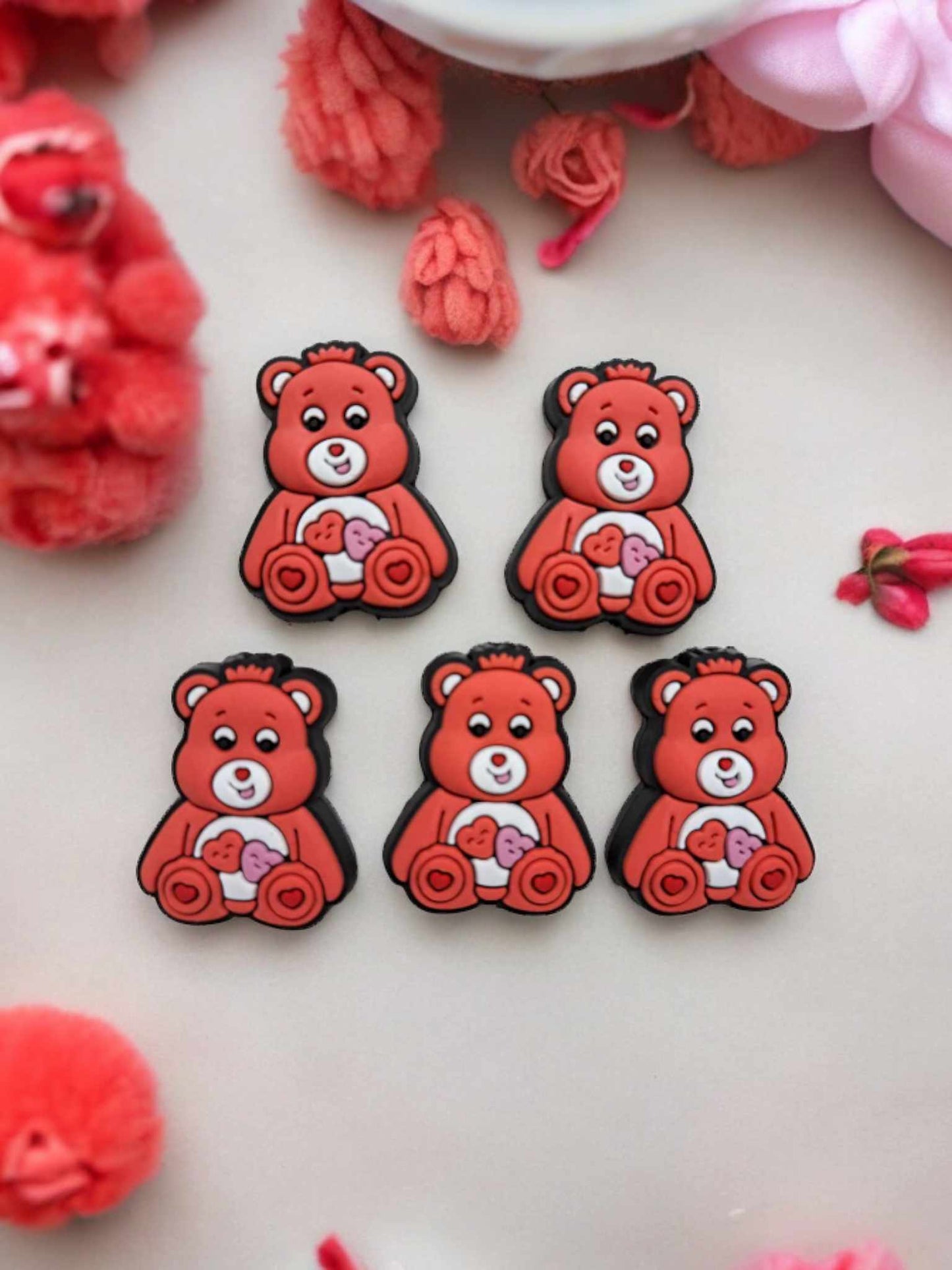 Love-a-Lot Bear red with Hearts: Care Bear Silicone Focal Bead - 1212