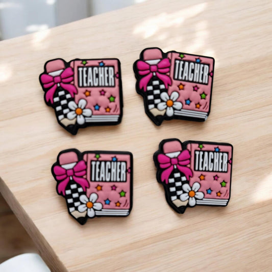 Teacher on Pink Notebook with Checkered Pencil Silicone Focal Bead