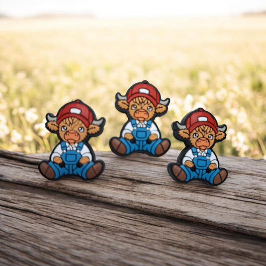 Brown Highland Cow Wearing Overalls and Red Hat Sitting Silicone Focal Bead - 1355