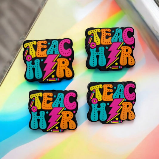 Teacher with Lightning Bolt in Neon Colors Silicone Focal Bead