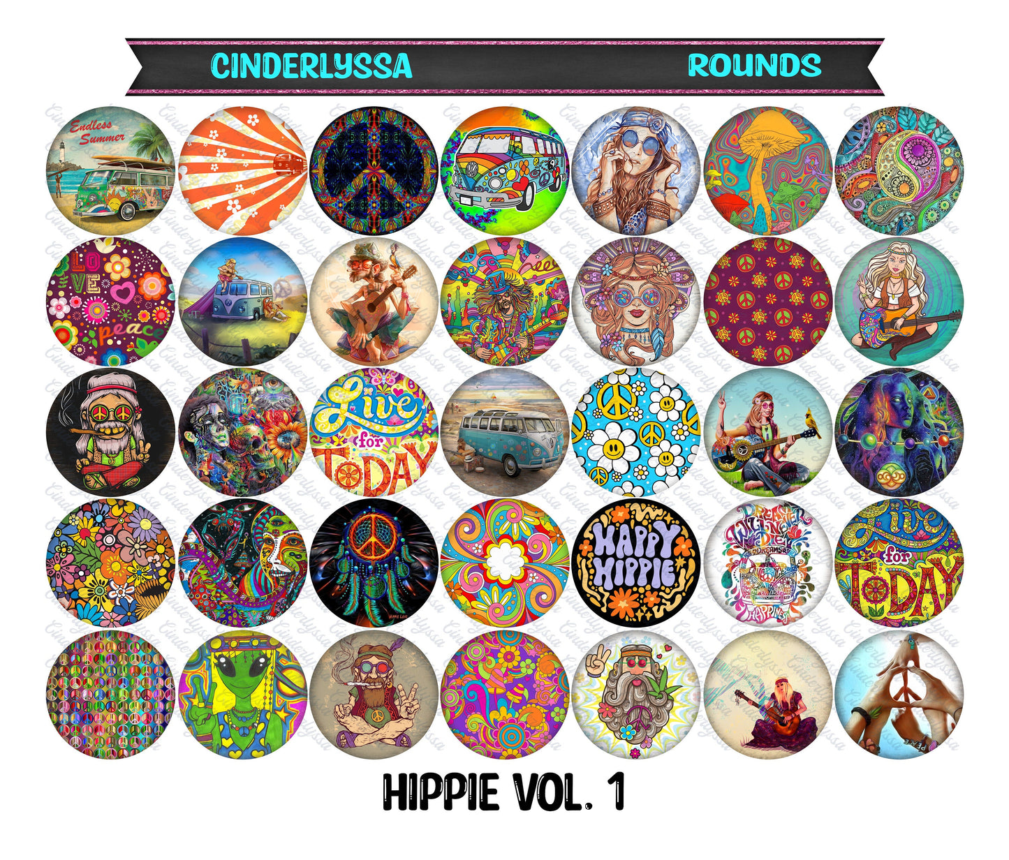 2.5 inch Round Hippie Vol. 1 Cardstock Only for freshies: Aroma Bead Molds, Premium Cardstock Images-NO MOLD