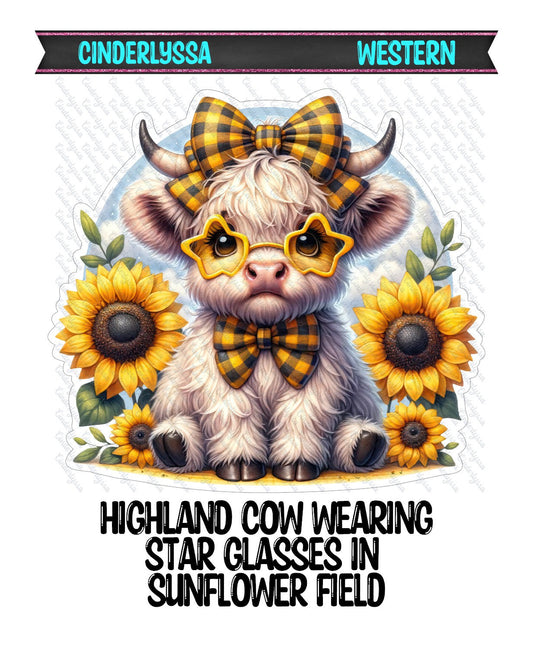 Highland Cow Wearing Star Glasses in Sunflower Field Silicone Mold, Aroma Bead Molds, Car Freshener Mold, Premium Cardstock Images