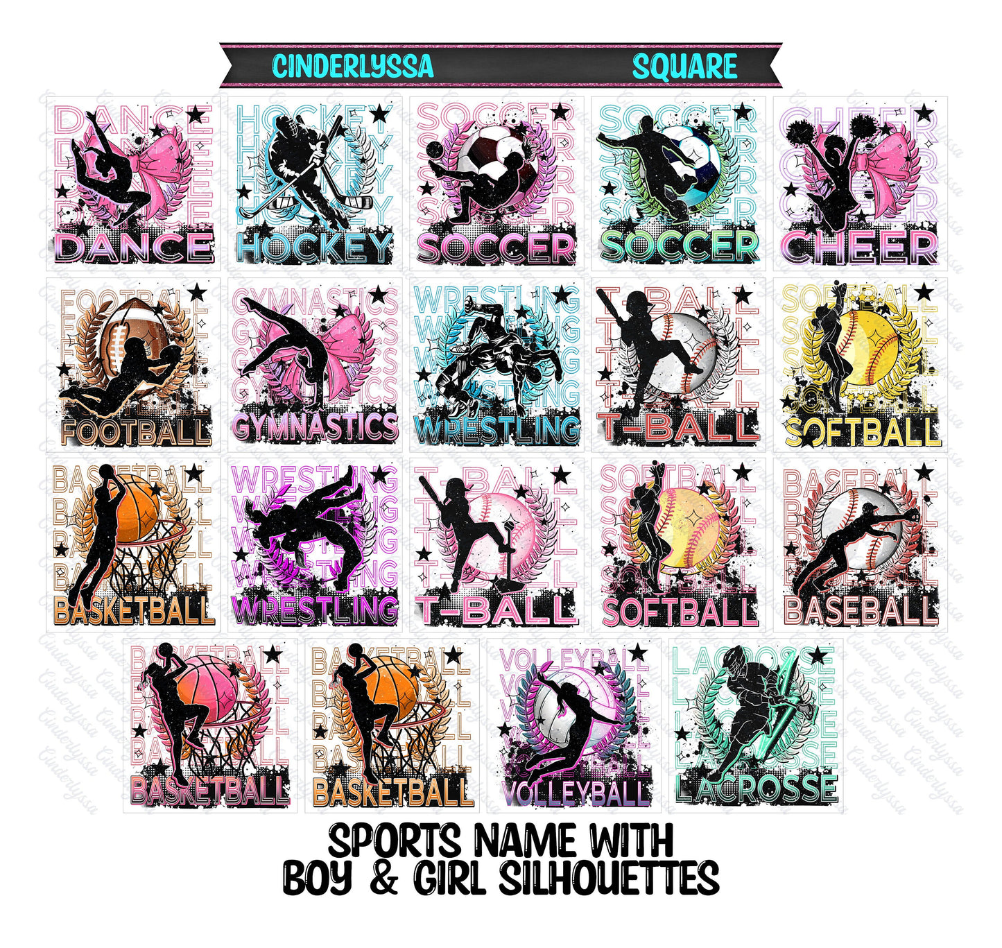 3.5 inch Square Sports Name with Boy & Girl Silhouettes Cardstock Only for freshies - NO MOLD: Car Freshener, Premium Cardstock Image