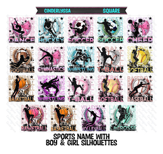 3.5 inch Square Sports Name with Boy & Girl Silhouettes Cardstock Only for freshies - NO MOLD: Car Freshener, Premium Cardstock Image