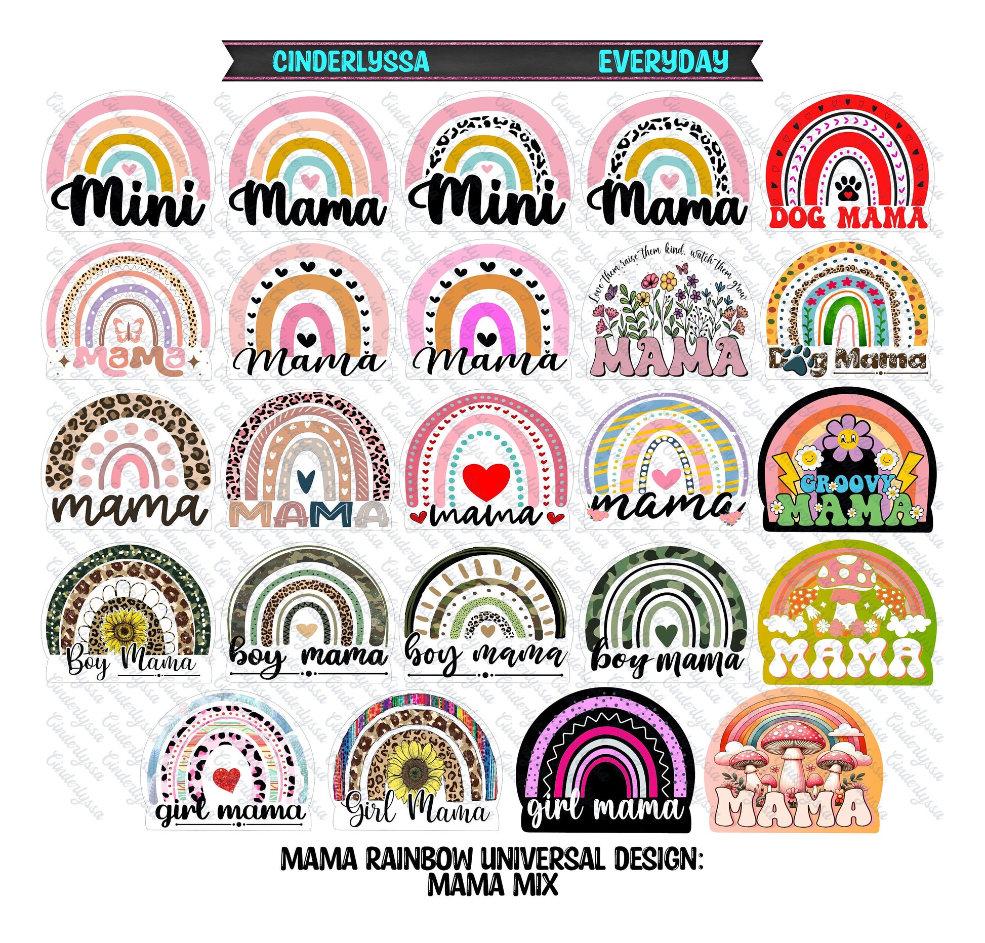 Universal Rainbow Design: Mama Mix - Dog, Boy, Girl, Groovy Mama Silicone Mold, Aroma Bead Molds, Car Freshener Mold, Cardstock Images