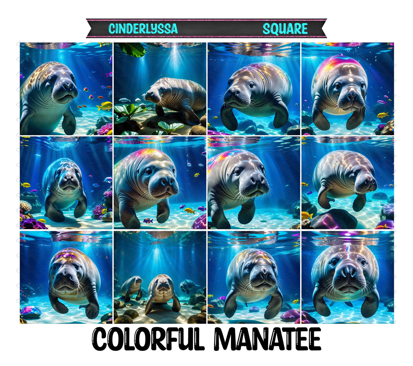 3 inch Square: Colorful Manatee Theme Cardstock/Picture With Beveled Edge Silicone Mold, Aroma Bead Molds, Car Freshener Mold