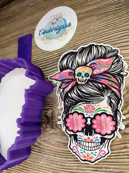 Day of the Dead: Messy Bun Girl Sugar Skull with Pink Cardstock Silicone Mold, Aroma Bead Molds, , Premium Cardstock Images