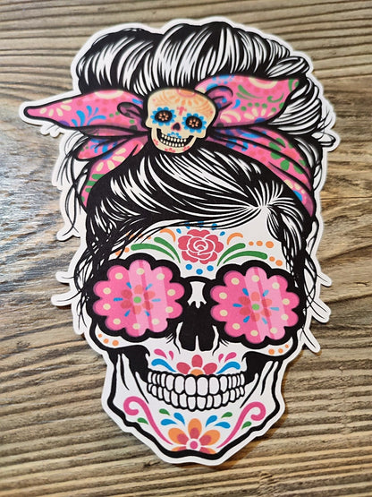 Day of the Dead: Messy Bun Girl Sugar Skull with Pink Cardstock Silicone Mold, Aroma Bead Molds, , Premium Cardstock Images