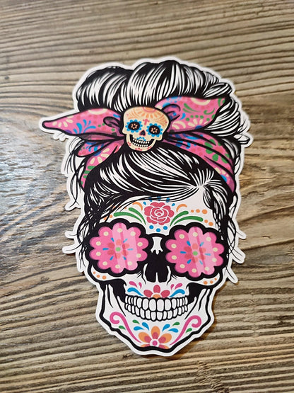 Day of the Dead: Messy Bun Girl Sugar Skull with Pink Cardstock Silicone Mold, Aroma Bead Molds, , Premium Cardstock Images