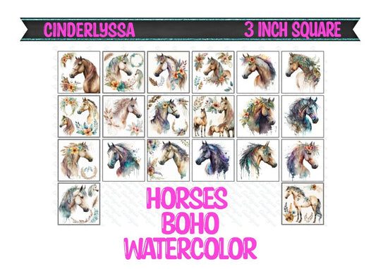 3 inch Square: Horses Boho Watercolor Theme Cardstock/Picture With Beveled Edge Silicone Mold, Aroma Bead Molds, Car Freshener Mold