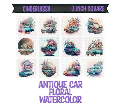 3 inch Square: Antique Car Floral Watercolor Theme Cardstock/Picture With Beveled Edge Silicone Mold, Aroma Bead Molds, Car Freshener Mold