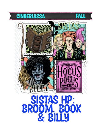 Sistas HP: Broom, Book & Billy - Movie Inspired Halloween Silicone Mold, Aroma Bead Molds, Car Freshener Mold, Premium Cardstock Images