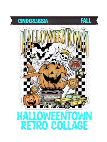 HalloweenTown Retro Collage: Bus Stop, Taxi, Bats, Pumpkins Silicone Mold, Aroma Bead Molds, Car Freshener Mold, Premium Cardstock Images