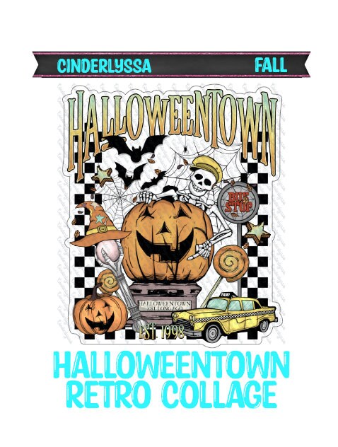 HalloweenTown Retro Collage: Bus Stop, Taxi, Bats, Pumpkins Silicone Mold, Aroma Bead Molds, Car Freshener Mold, Premium Cardstock Images