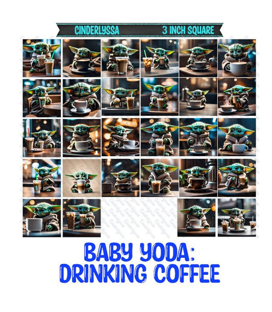 3 inch Square: Baby Yoda Drinking Coffee Theme Cardstock/Picture With Beveled Edge Silicone Mold, Aroma Bead Molds, Car Freshener Mold