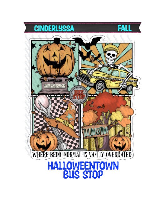 HalloweenTown Bus Stop: Taxi, Statue, Pumpkins, Witch Hat Silicone Mold, Aroma Bead Molds, Car Freshener Mold, Premium Cardstock Images