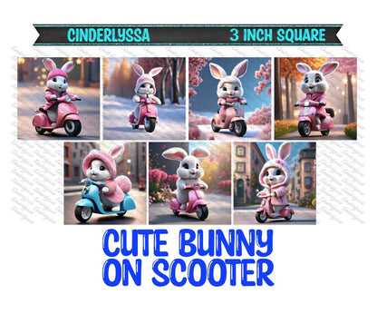 3 inch Square: Cute Bunny on Scooter Theme Cardstock/Picture With Beveled Edge Silicone Mold, Aroma Bead Molds, Car Freshener Mold