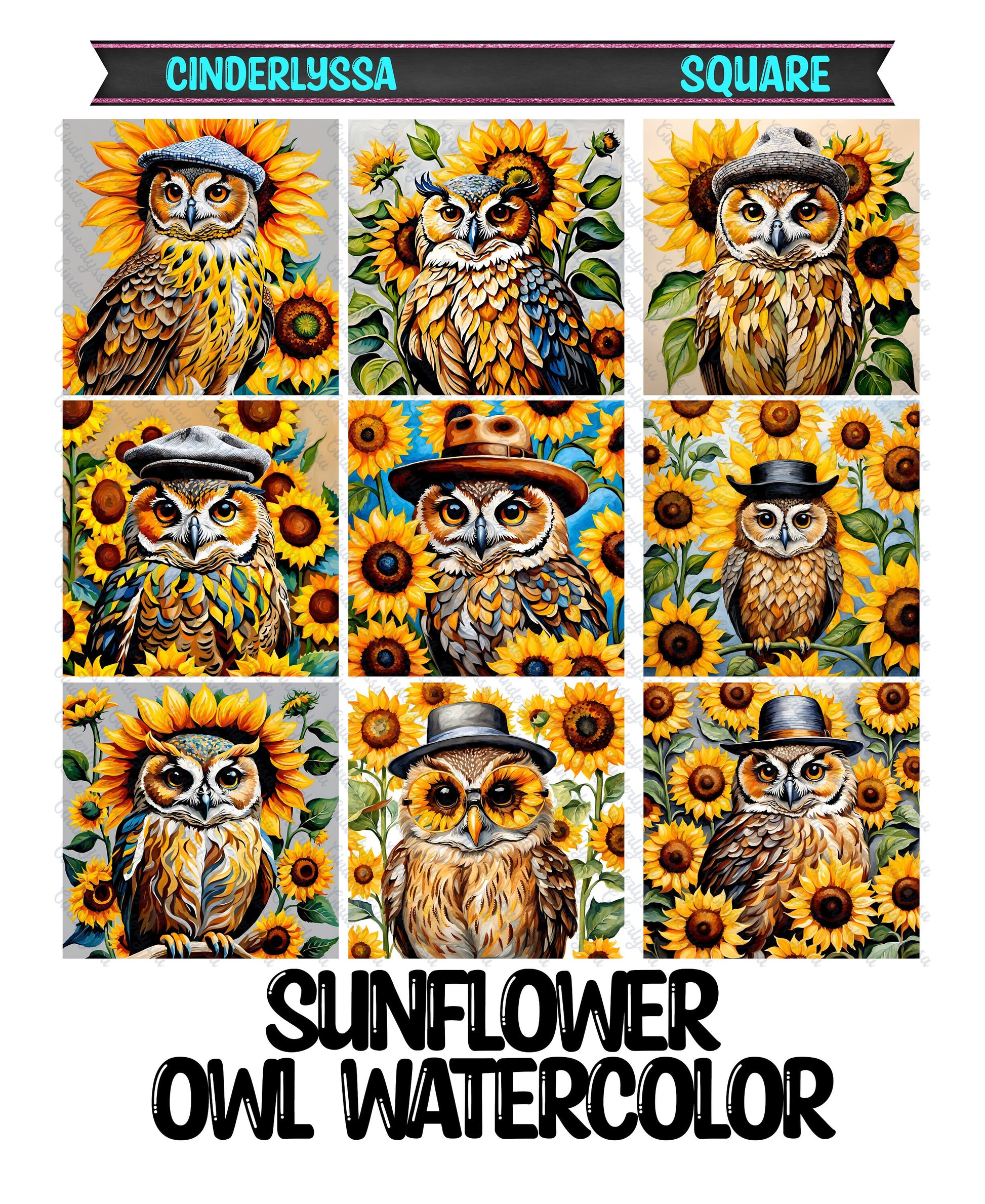 2.5 inch Square Sunflower Owl Watercolor Cardstock Only for freshies -NO MOLD: Car Freshener,Premium Cardstock Image