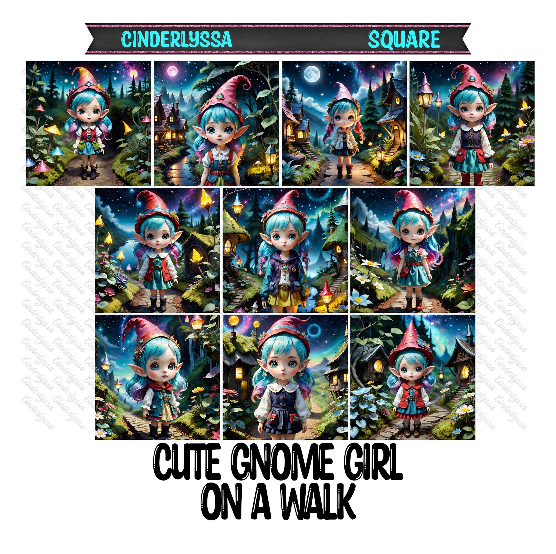 2 inch Square Cute Gnome Girl on a Walk Cardstock Only for freshies -NO MOLD: Aroma Bead Molds,Car Freshener, Premium Cardstock Image