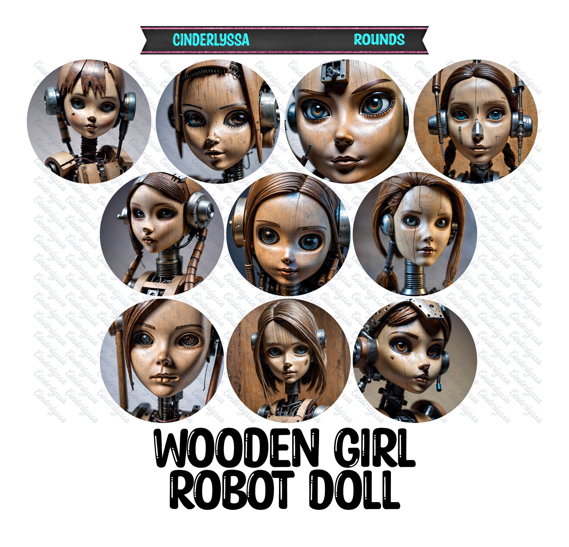 2 inch Round Wooden Girl Robot Doll Cardstock Only for freshies: Silicone Mold,Car Freshener,Premium Cardstock Images-NO MOLD