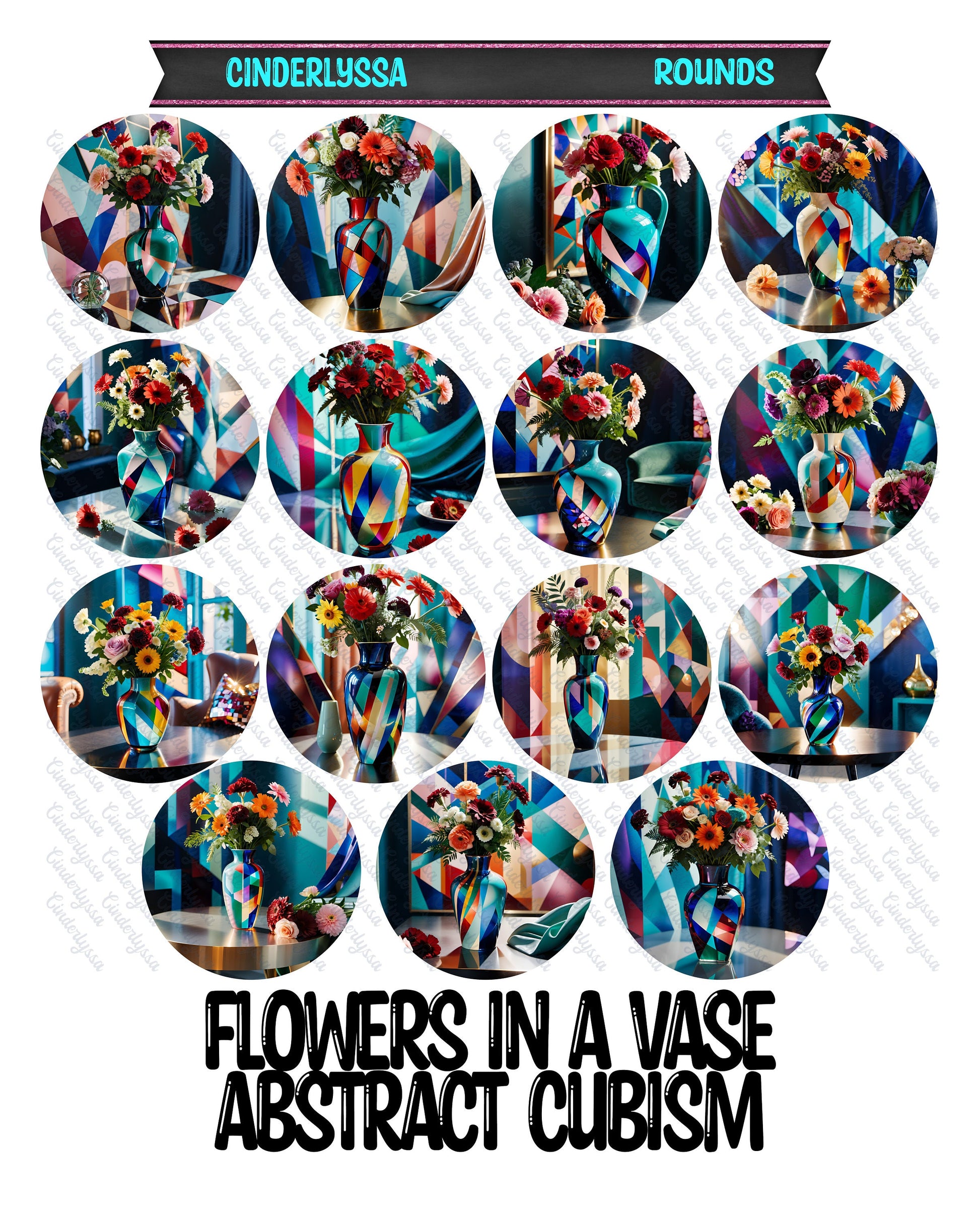 2.5 inch Round Flowers in a Vase Abstract Cubism Cardstock Only for freshies: Aroma Bead Molds, Premium Cardstock Images-NO MOLD
