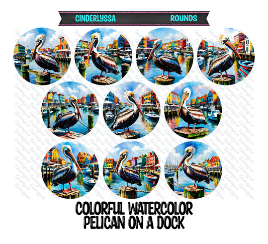 3.75 inch Round: Colorful Watercolor Pelican on a Dock for Silicone Mold, for Aroma Bead Molds, Car Freshener, Premium Cardstock Images