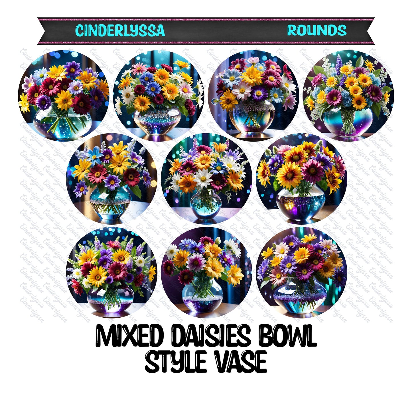 3.75 inch Round: Mixed Daisies Bowl Style Vase for Silicone Mold, for Aroma Bead Molds, Car Freshener, Premium Cardstock Images