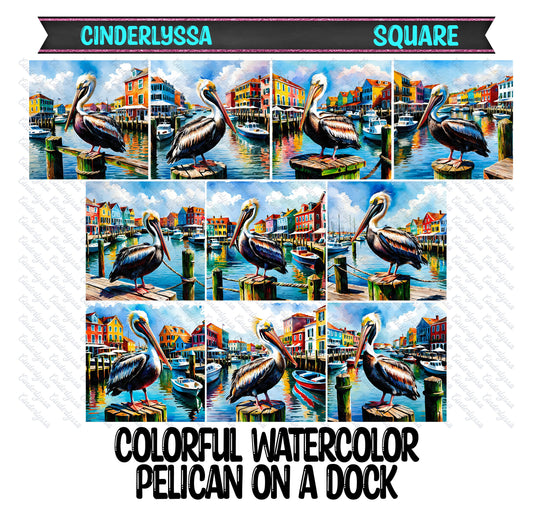 3 inch Square Colorful Watercolor Pelican On a Dock Cardstock Only for freshies -NO MOLD: Car Freshener, Premium Cardstock Image