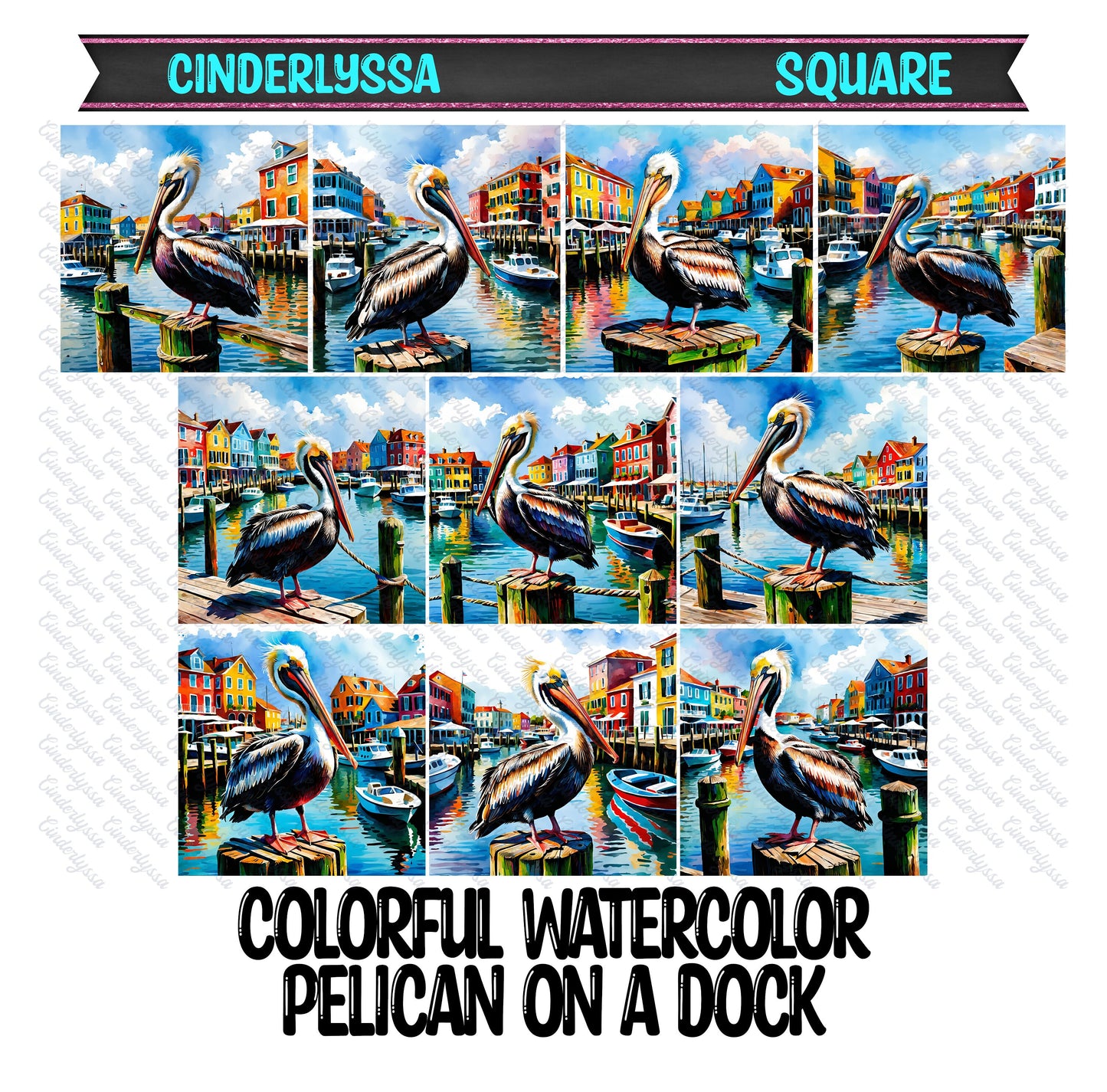 2 inch Square Colorful Watercolor Pelican On a Dock Cardstock Only for freshies -NO MOLD: Car Freshener, Premium Cardstock Image