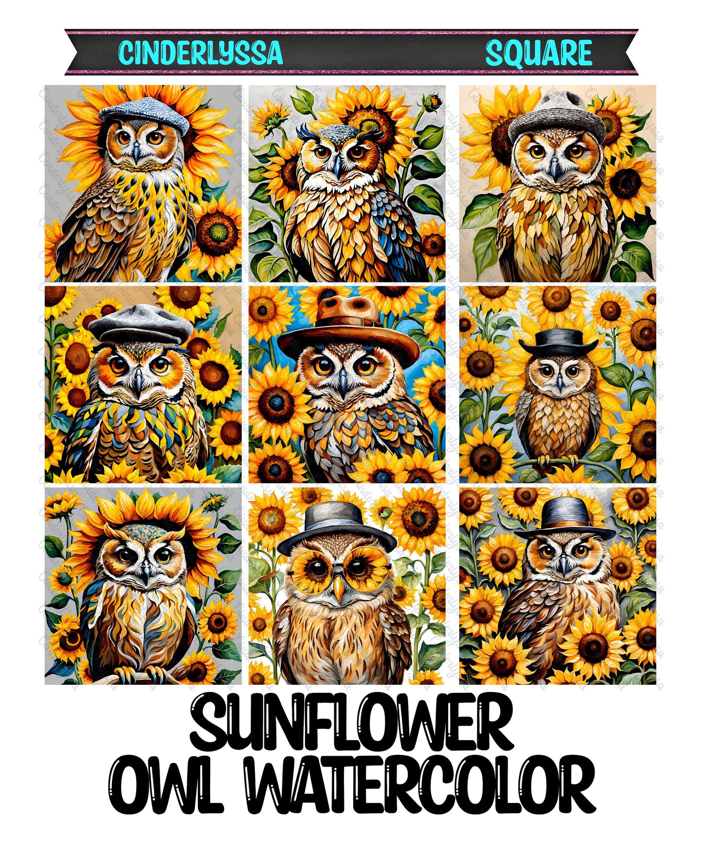 2 inch Square Sunflower Owl Watercolor Cardstock Only for freshies -NO MOLD: Car Freshener, Premium Cardstock Image