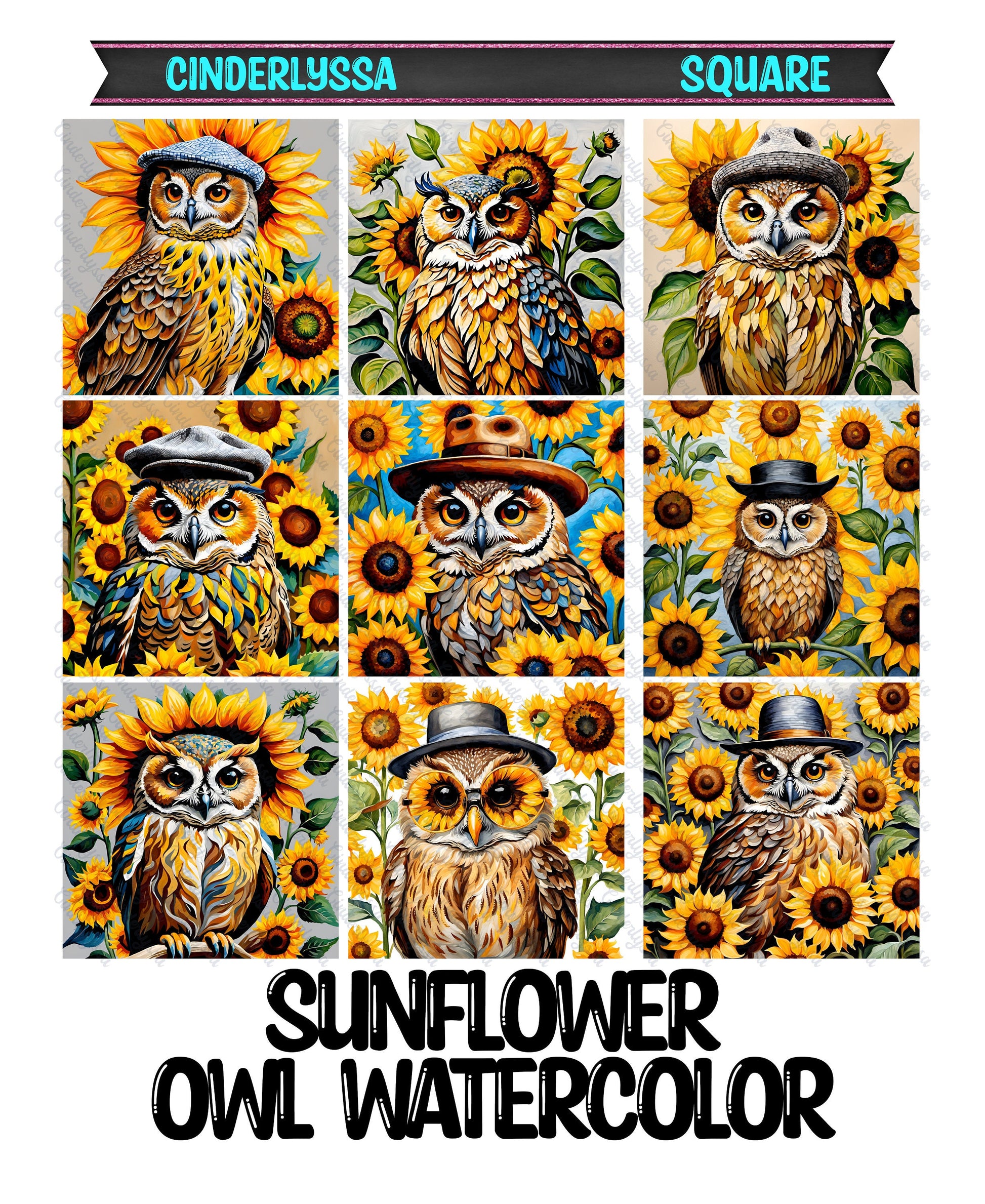 2 inch Square Sunflower Owl Watercolor Cardstock Only for freshies -NO MOLD: Car Freshener, Premium Cardstock Image